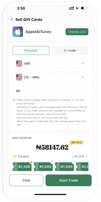 Submit your gift card trade
